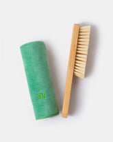 Green cloth and wooden brush for wide shoes